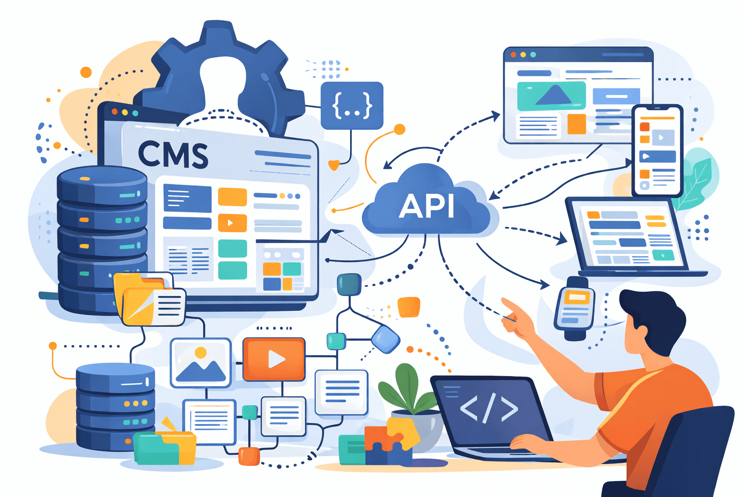 Infographic of headless CMS architecture, featuring content model, component-driven structures, migration, role design, localization, and web services.