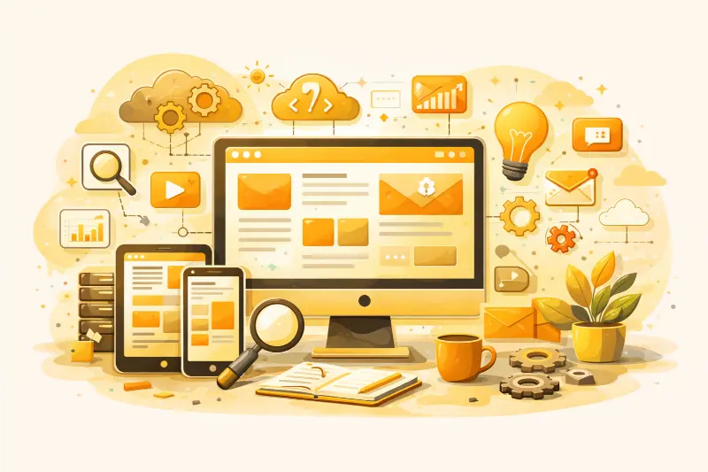 Illustration of digital workspace with desktop, tablet, and icons for cloud, email, and data. Includes a notebook, coffee cup, and plant.