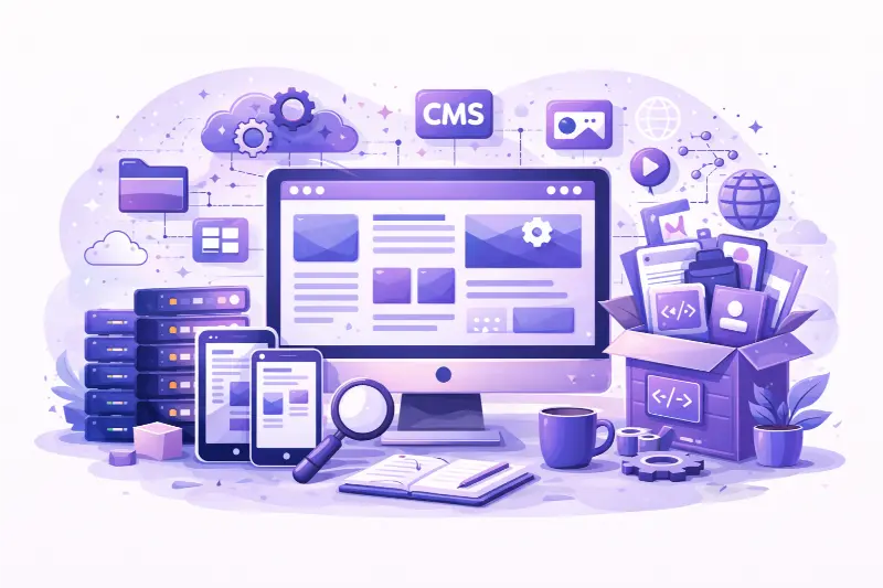 Illustration of a digital workspace with a computer, tablet, smartphone, cloud icons, and a box of files, symbolizing web development and CMS.