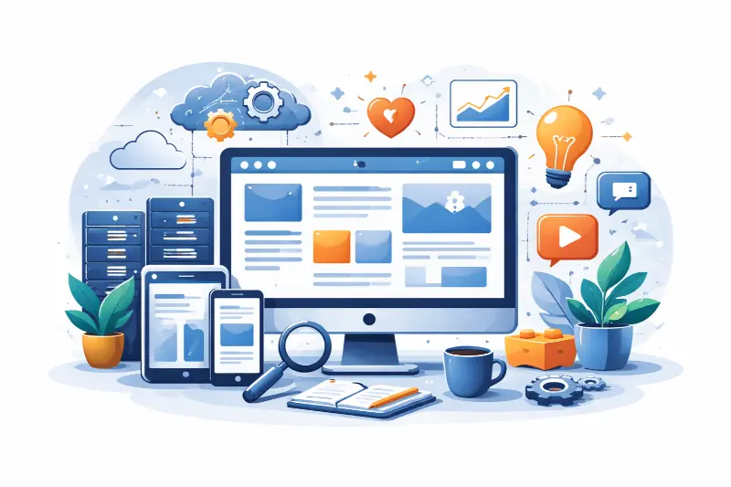 Illustration of digital devices showing a website, surrounded by cloud, gear, lightbulb icons, plants, and servers, symbolizing tech and data.