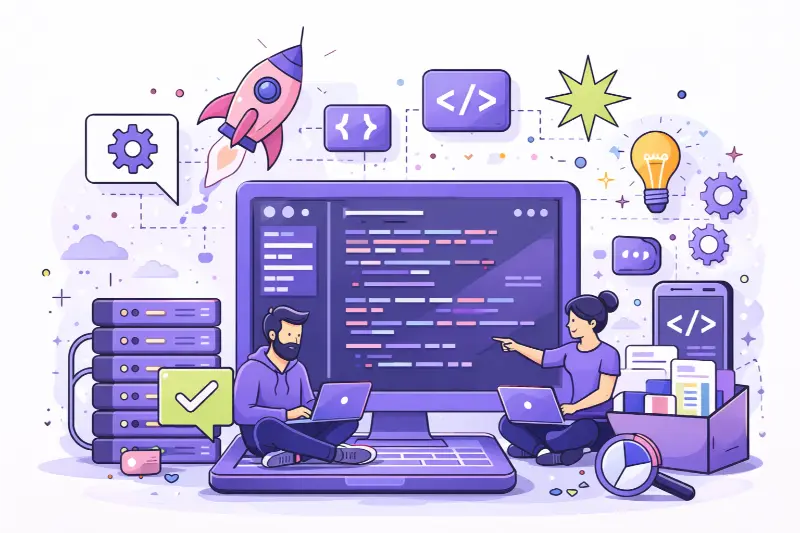 Illustration of two people with laptops beside a large screen displaying code, surrounded by tech icons, server, and a launching rocket.