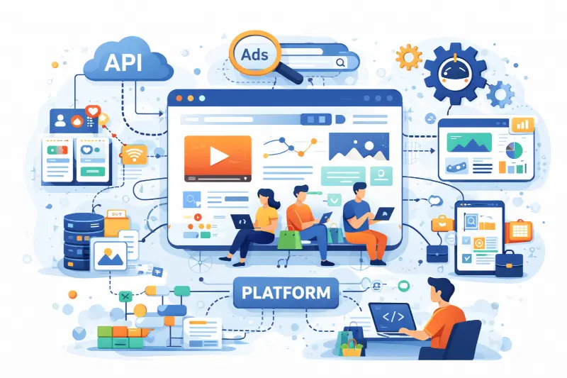 Illustration of a digital platform with people interacting on devices, surrounded by icons for API, ads, data, and analytics.