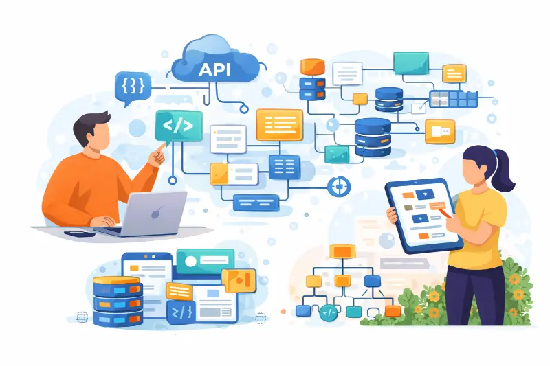 Illustration of a developer using a laptop connected to a CMS and API, symbolized by interconnected digital devices and cloud services.