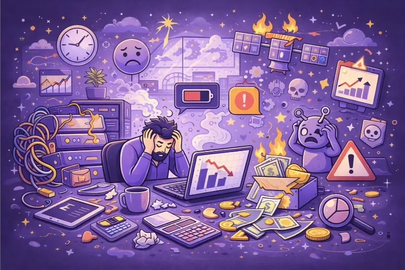 Cartoon of a stressed man at a desk with a laptop, surrounded by graphs, money, broken tech, and a robot, set against a chaotic backdrop.