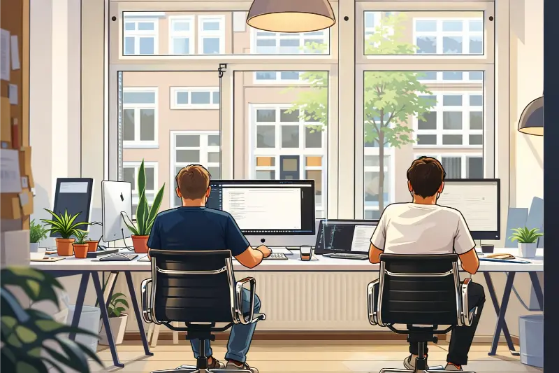 Two men sitting next to each other, each in front of a monitor. The table is positioned in front of a window and the weather outside is sunny.