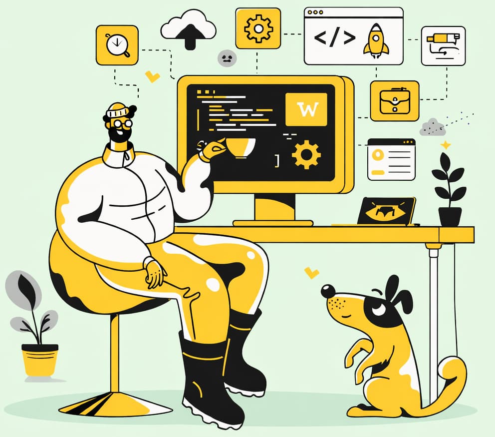 A man sitting at a desk with his laptop, deeply focused on his work. Behind him on the wall, two abstract paintings are hanging.